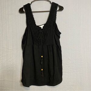 Boho Black Lace trimmed tank top with tassels